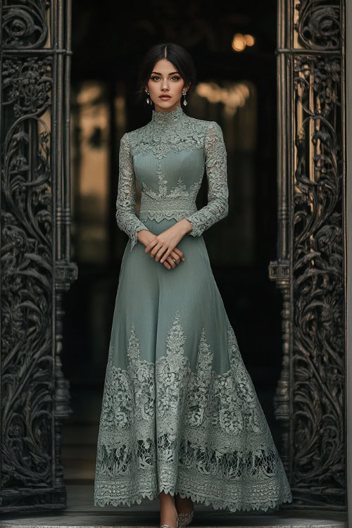 A woman in a sage green knee-length midi dress with lace overlay, high neckline, and three-quarter sleeves, posing elegantly near a grand wedding entrance