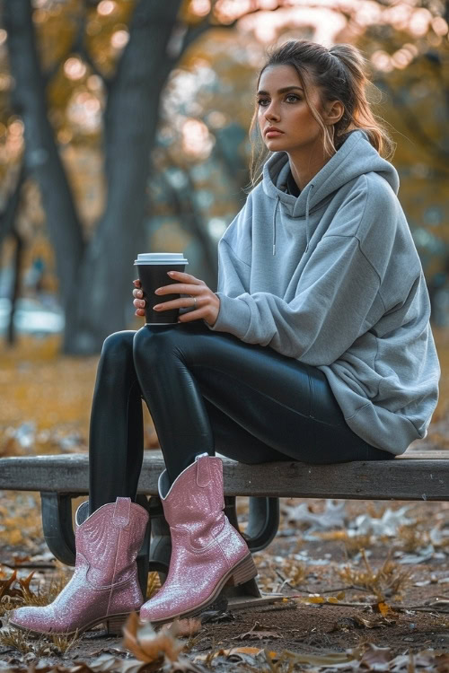 a woman wears pink cowboy boots with a hoodie and leather leggings