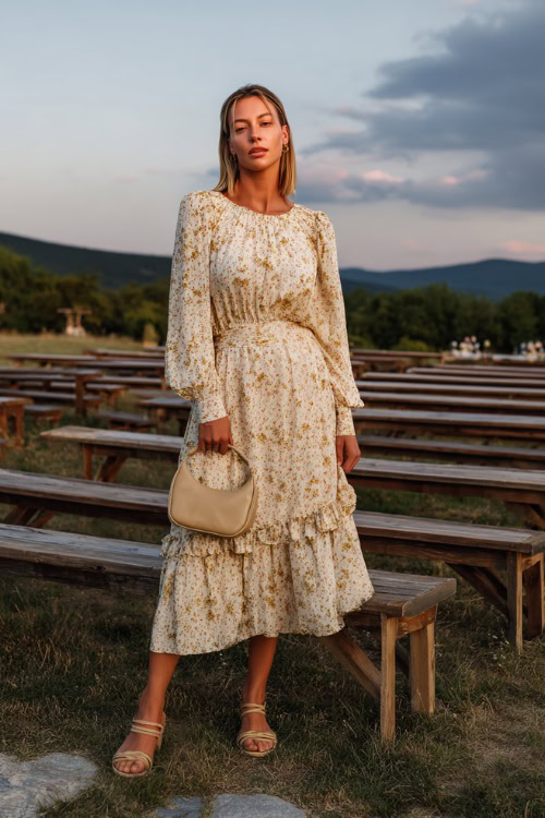 A woman wears a cream floral long-sleeve midi dress with ruffle details, styled with flat sandals and a small handbag