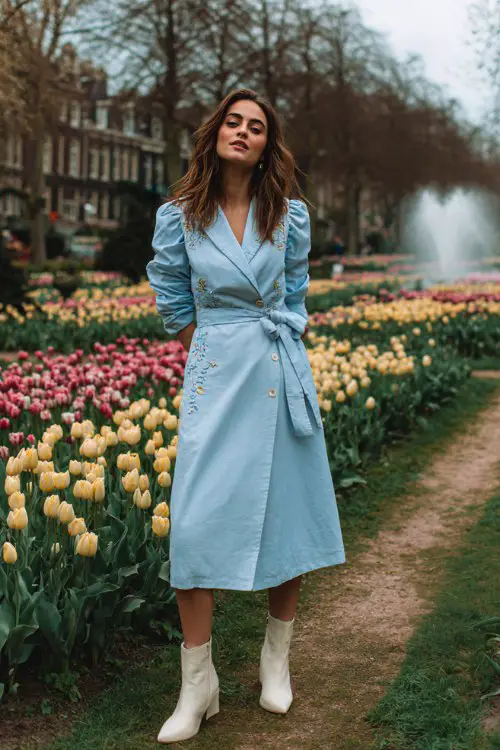 A woman wears a pastel blue long-sleeve wrap midi dress with floral embroidery, paired with cream ankle boots and a cropped trench coat