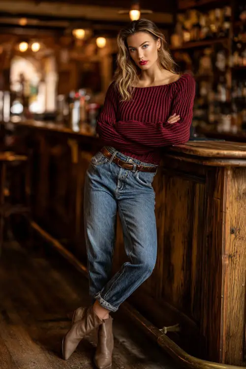 A woman wearing a burgundy ribbed sweater tucked into blue jeans with a belt, styled with heeled booties, leaning against a wooden bar counter