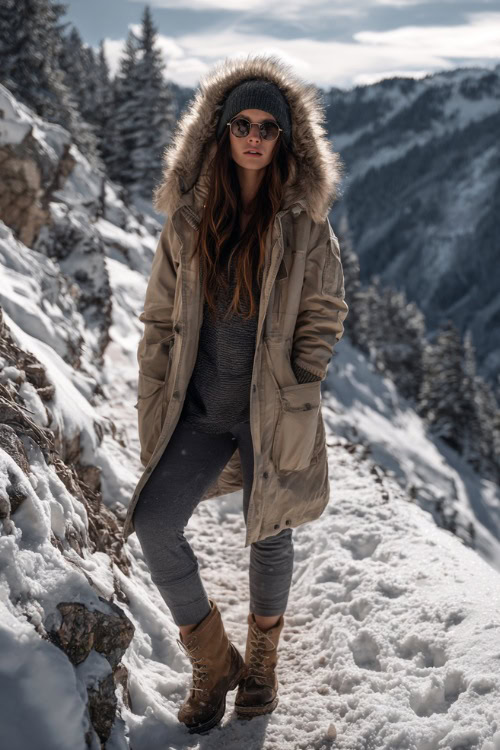 Woman wearing a parka jacket with faux fur hood, wool leggings, lace-up boots, and a beanie, standing beside a snow-covered mountain trail