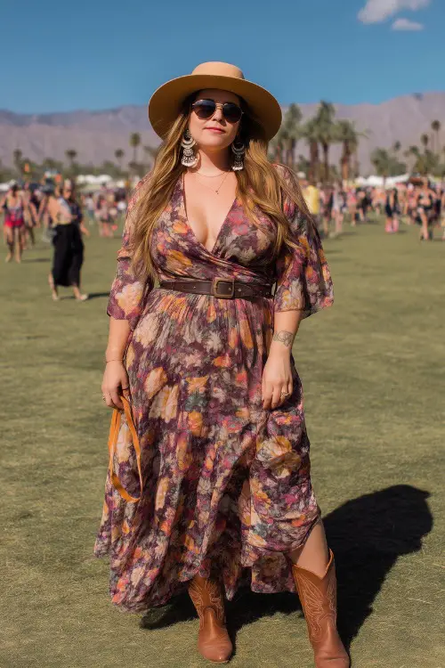 a plus size women wears a long boho dress with cowboy boots