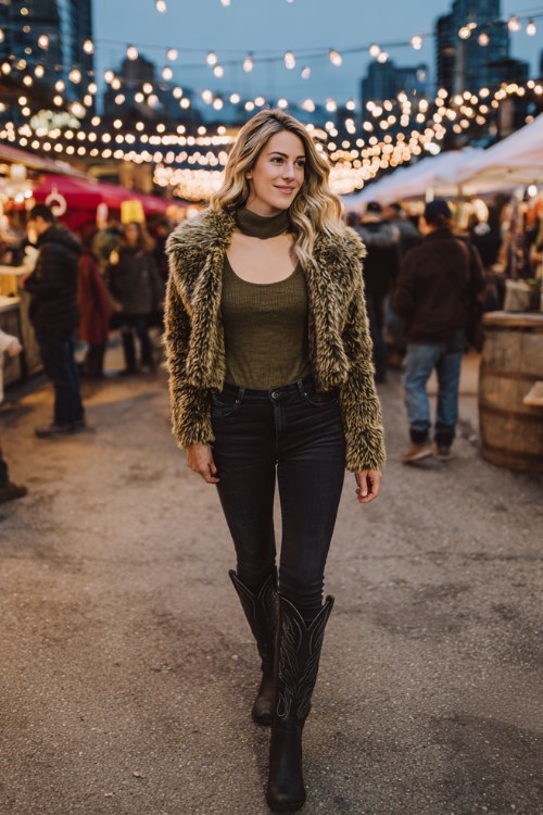 A curvy woman wears dark skinny jeans tucked into black tall cowboy boots, styled with a forest-green turtleneck and a faux-fur jacket