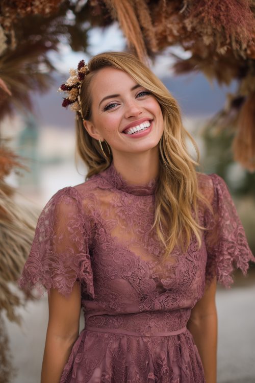A woman in a mauve lace midi dress with scalloped sleeves and a floral hairpin