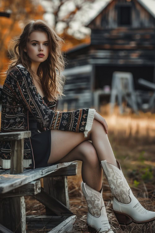 a woman wears a boho cardigan, a black dress with cream cowboy boots