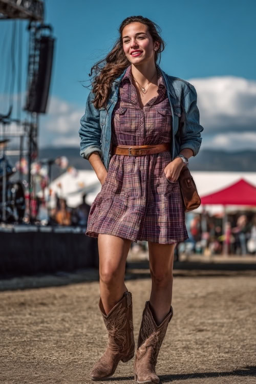 A curvy woman in a plaid shirt dress belted at the waist, denim jacket over her shoulders, cowboy boots, and a leather satchel, at a lively fall fairground concert