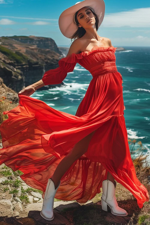 a woman wears an off the shoulder red maxi dress and white ankle cowboy boots