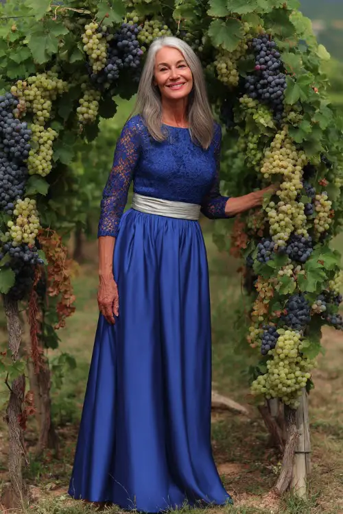 A woman over 50 wearing a royal blue A-line gown with lace sleeves and a silver belt, standing beside a floral arch in a vineyard setting, full body view