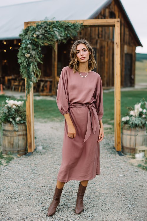 A woman in a dusty rose midi dress with a crew neckline and subtle waist tie, paired with heeled boots and a small crossbody bag