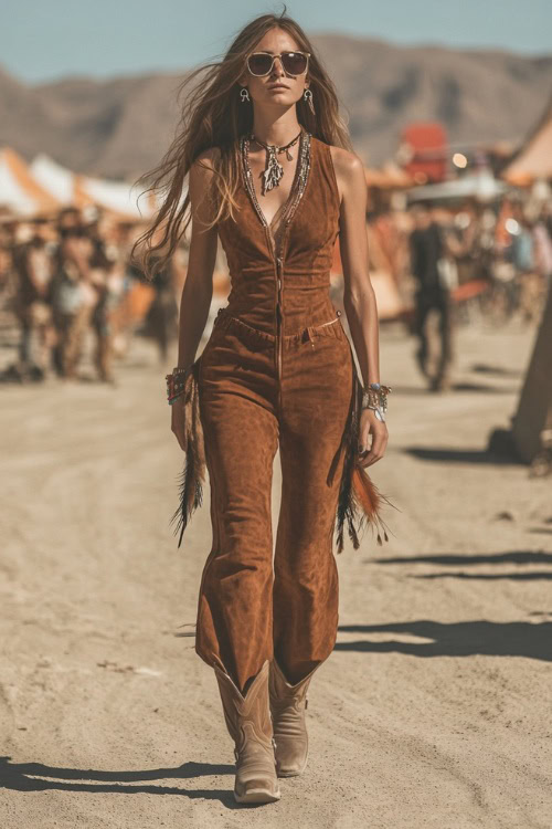 A festival-goer in a deep brown suede jumpsuit with flared legs, accessorized with cowboy boots and feather earrings, walking near a desert festival setting