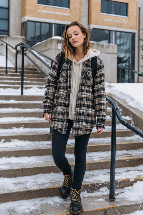Stylish student wearing a plaid shacket over hoodie, leggings, and lace-up boots, walking up outdoor steps at a university building with light snow