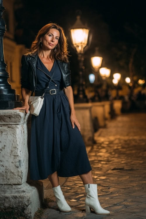 A woman over 40 in an elegant navy midi dress with a cropped leather jacket, white boots, and a crossbody bag, posing near lanterns
