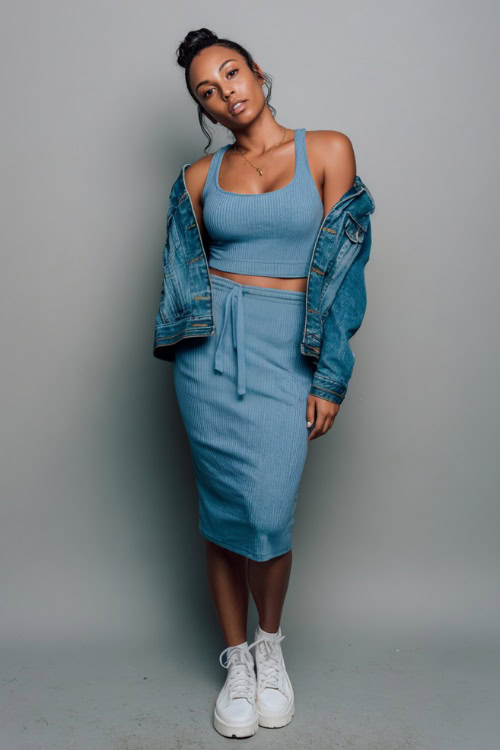 A woman wearing a ribbed tank dress with a denim jacket tied around her waist and white platform sneakers, styled for a cool and casual vibe, simple studio background