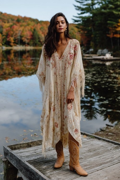 a woman in a cream boho dress with a flowing sheer overlay and embroidered floral patterns, paired with light tan cowboy boots