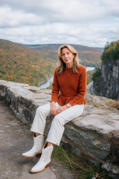 A woman over 40 wears cropped straight-leg jeans, a rust-orange peplum sweater, and white western boots with stitched detailing