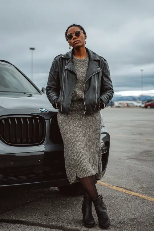 Fashion-forward Black woman in a leather jacket, knit sweater, midi skirt, tights, and ankle boots, standing near a car on a cold, overcast afternoon