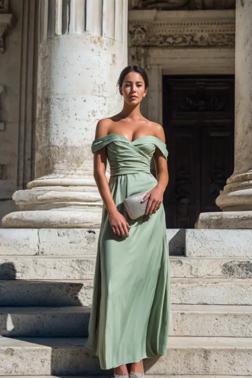 A woman wears a jade green off-the-shoulder gown with a fitted bodice and flowy skirt