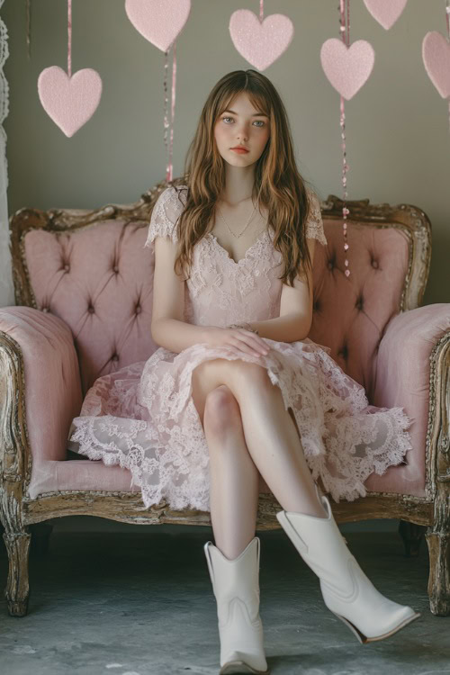 A woman in a soft pink lace dress paired with white cowboy boots, sitting on a vintage sofa with Valentine s heart garlands
