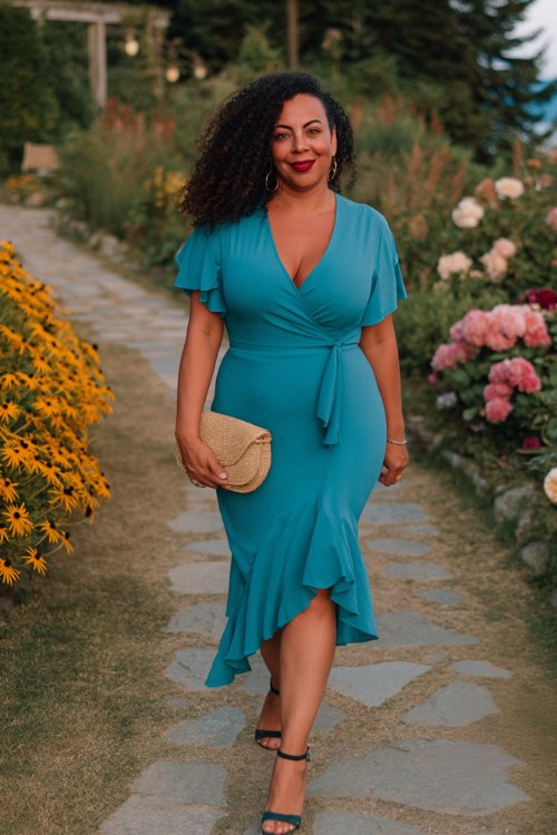 A curvy woman over 50 wears a turquoise wrap dress with flutter sleeves and a layered high-low hem