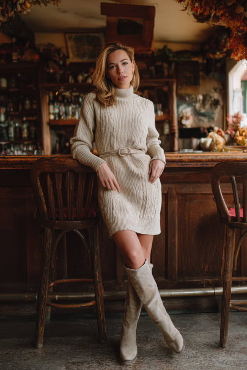 A woman over 40 wearing a cream knit sweater dress with a belt at the waist, styled with knee-high boots, posing near a cozy bar with autumn decor