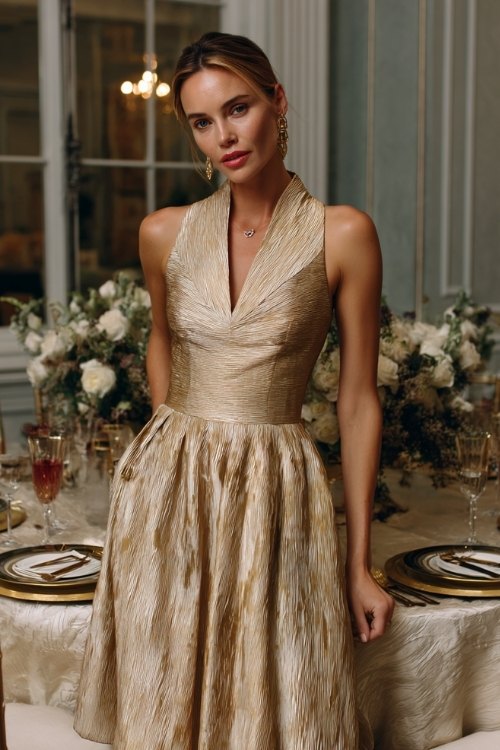 a woman over 50 in a champagne jacquard cocktail dress with pleated skirt