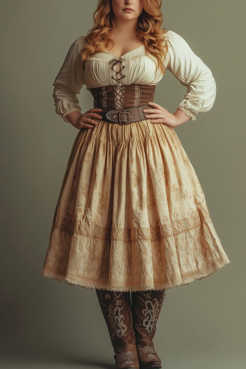 Plus-size woman in a vintage-inspired western dress with puffed sleeves and a corset belt, paired with embroidered cowboy boots