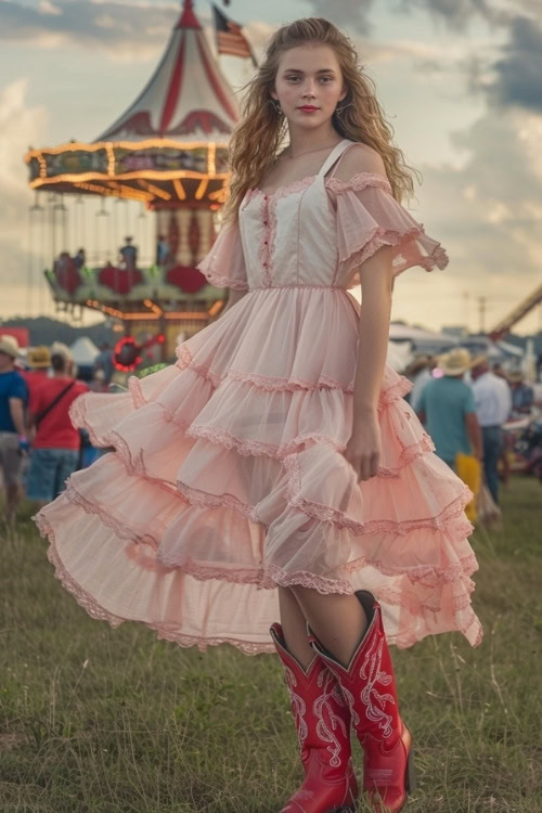 A woman wears red cowboy boots with a pink ruffle dress