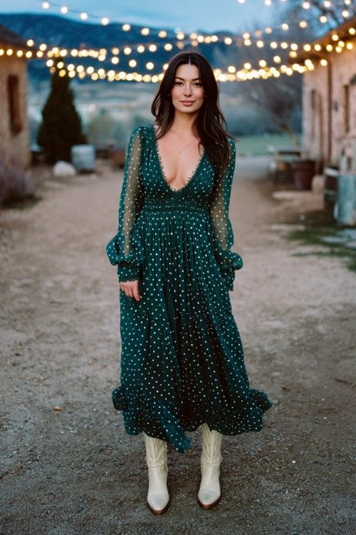 A petite woman in a dark emerald green maxi dress with a sheer polka-dot overlay and scalloped edges, paired with cream cowboy boots