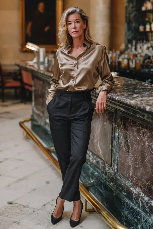 A woman over 40 wearing tailored black trousers, a silky champagne blouse, and pumps, leaning elegantly against a marble bar counter