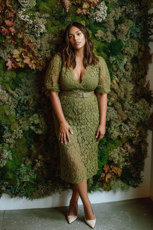 A plus-size woman wears a moss-green cotton-lace midi with scalloped hem and sheer sleeves, styled with cream slingback pumps (2)