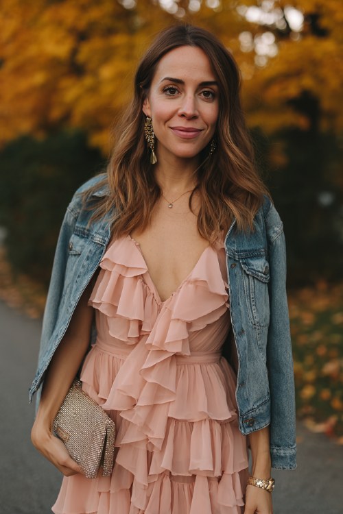 A woman wears a blush pink chiffon tea-length dress with layered ruffles, accessorized with a cropped jean jacket and a metallic clutch
