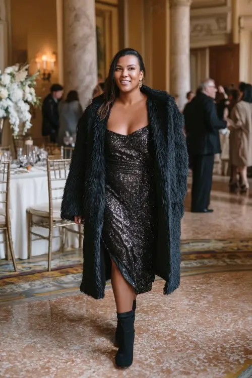 A plus-size woman wears a black sequin midi dress with sheer sleeves, layered under a belted wool coat and styled with ankle boots
