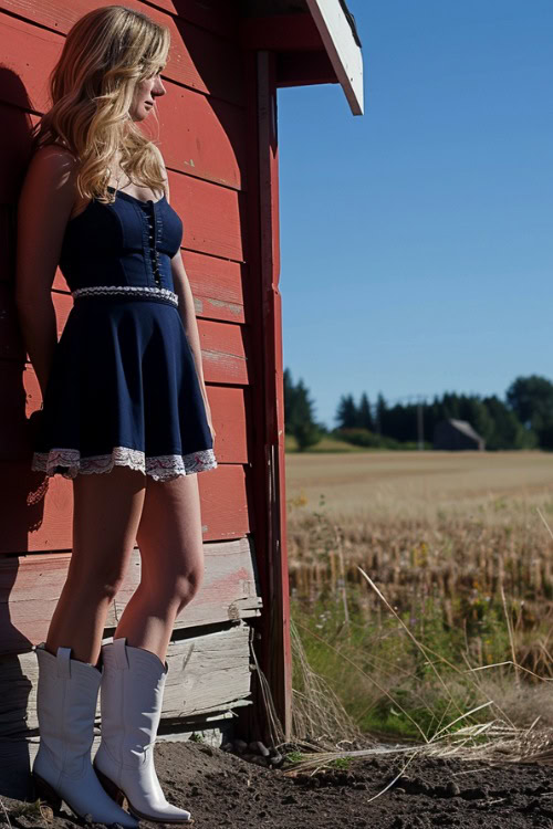 A woman wears white cowboy boots and a navy blue dress