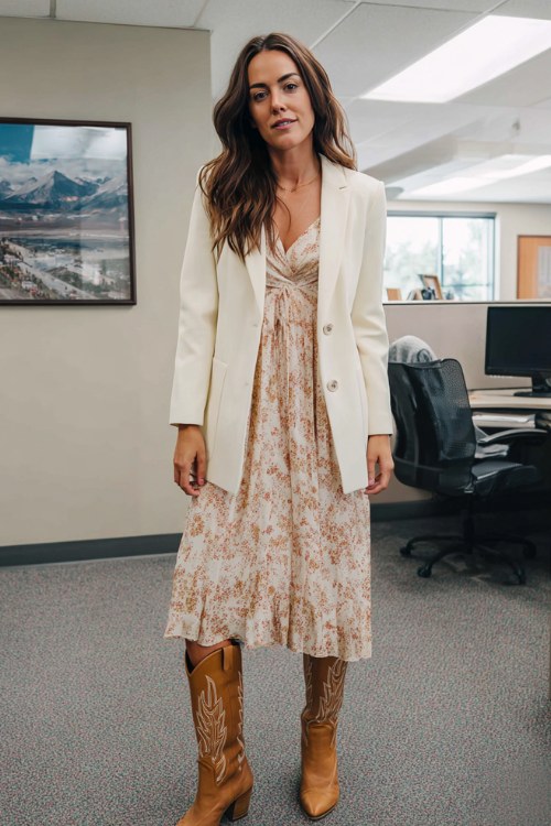 A woman wears a cream blazer with a flowy printed midi dress and tan tall cowboy boots at an office