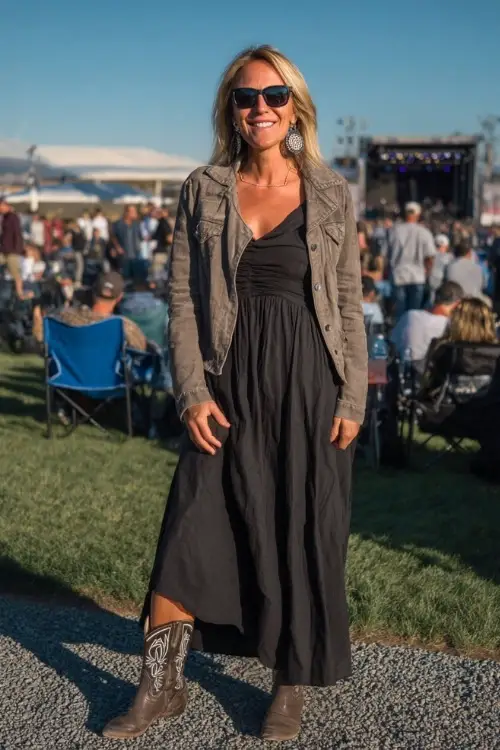 A woman over 40 wears a long black maxi dress styled with a suede jacket, embroidered boots, and hoop earrings at an outdoor fall concert