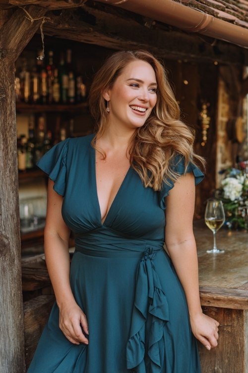 a curvy woman in a dark teal midi dress with wrap bodice and ruffle hem (2)