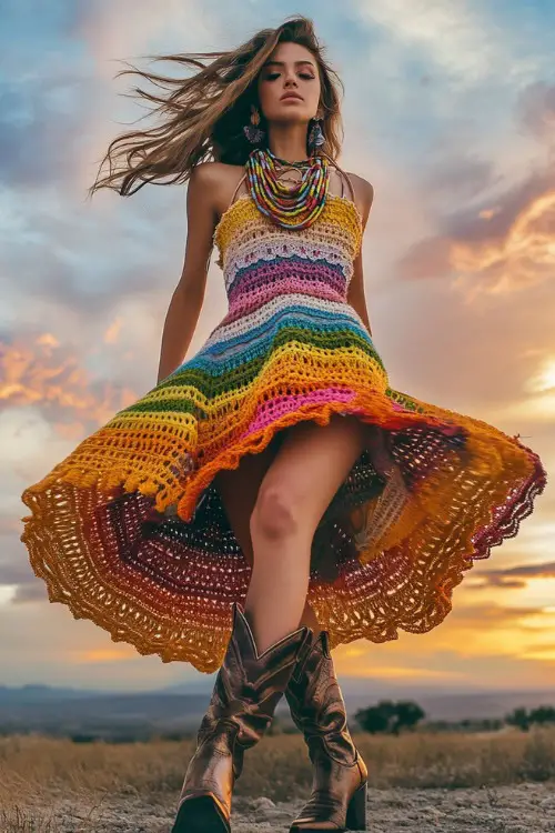 A playful woman in a rainbow crochet dress with metallic cowboy boots and layered necklaces, posing against a pastel sunset sky