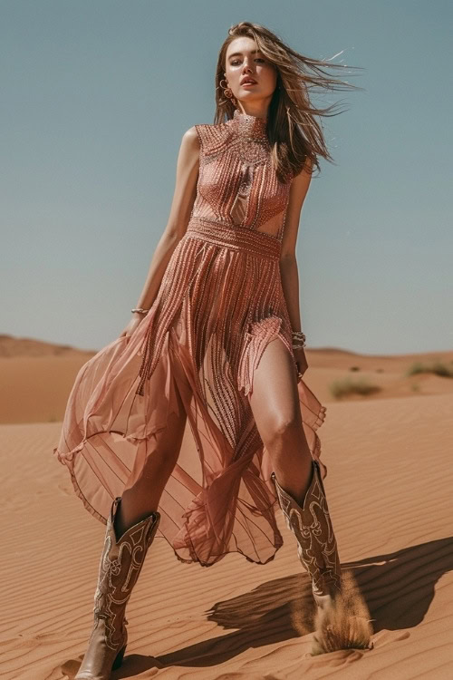 A woman wears brown cowboy boots with a thin flowy dress
