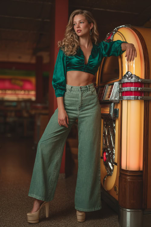 A woman in wide-leg jeans, a silky cropped blouse in emerald green, and platform heels, standing near a jukebox inside a casual fall bar
