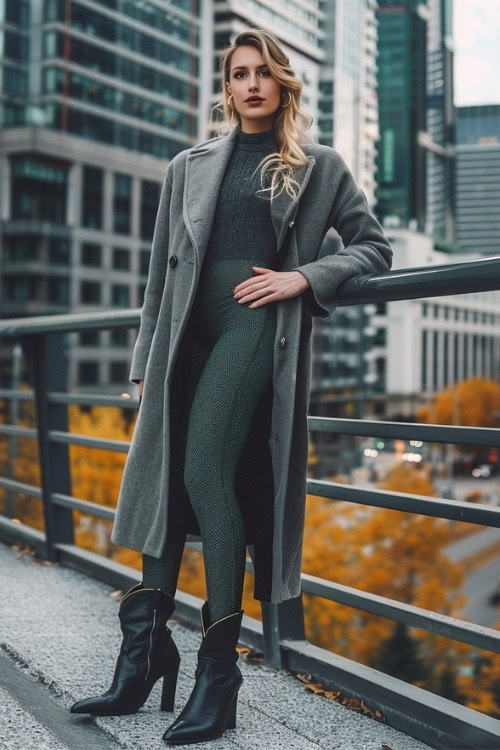 a woman wears leggings, black cowboy boots and a grey trench coat