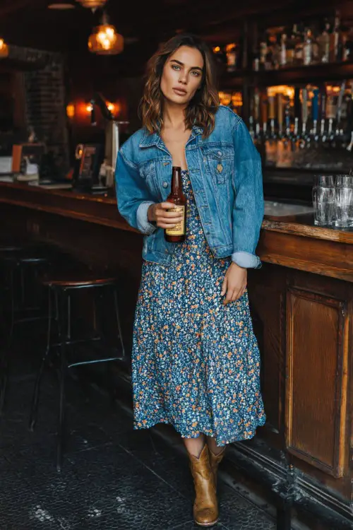 A woman in a floral midi dress layered with a denim jacket and ankle boots, holding a beer bottle inside a casual fall bar