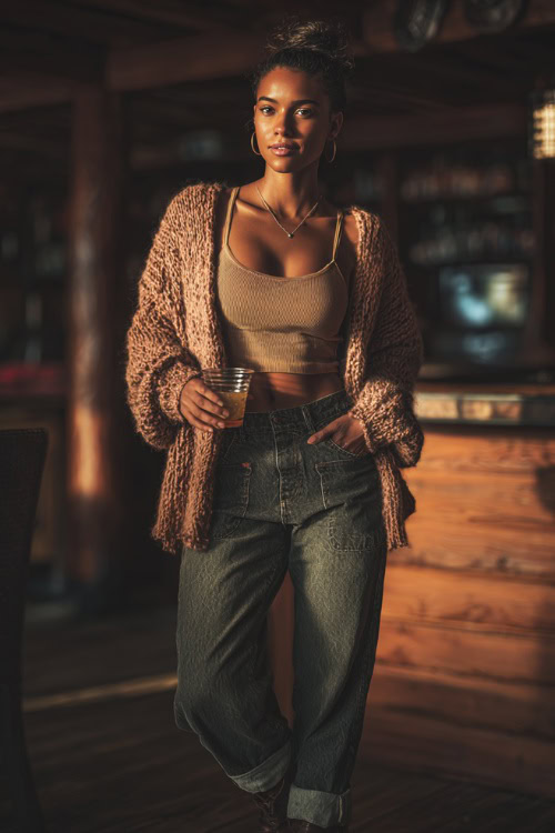 A woman in boyfriend jeans, a fitted tank top, and an oversized cardigan, standing with a drink in hand at a relaxed fall bar, full body outfit visible