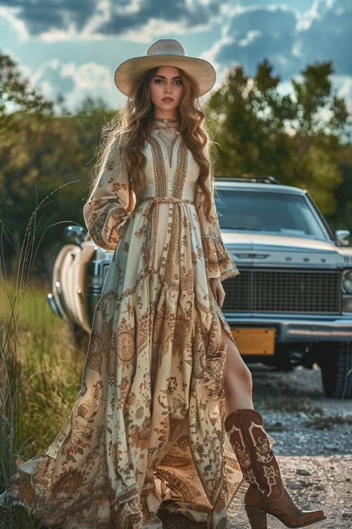 A woman wears cowboy boots with a classy dress and a cowboy hat