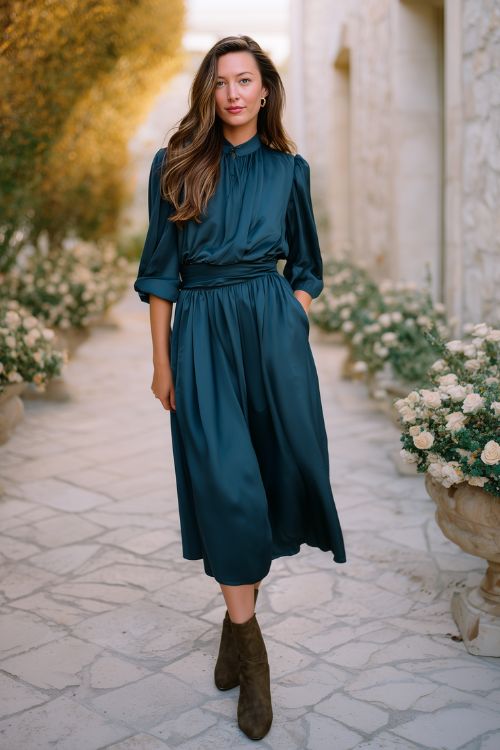A woman wears a dark teal A-line dress with subtle pleats and ankle boots