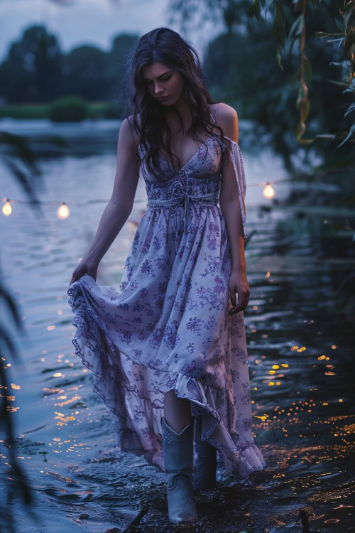 A woman wears cowboy boots with a purple dress