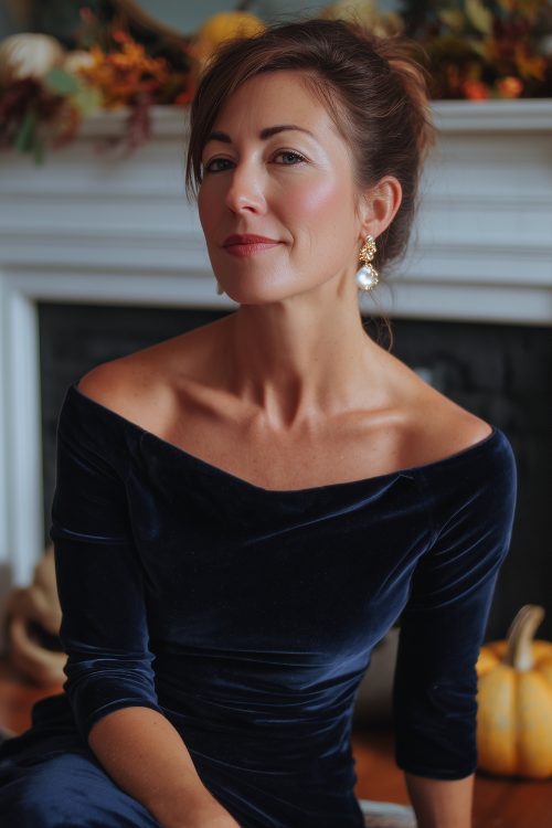 A woman over 40 in a navy velvet midi dress with a boat neckline and pearl earrings