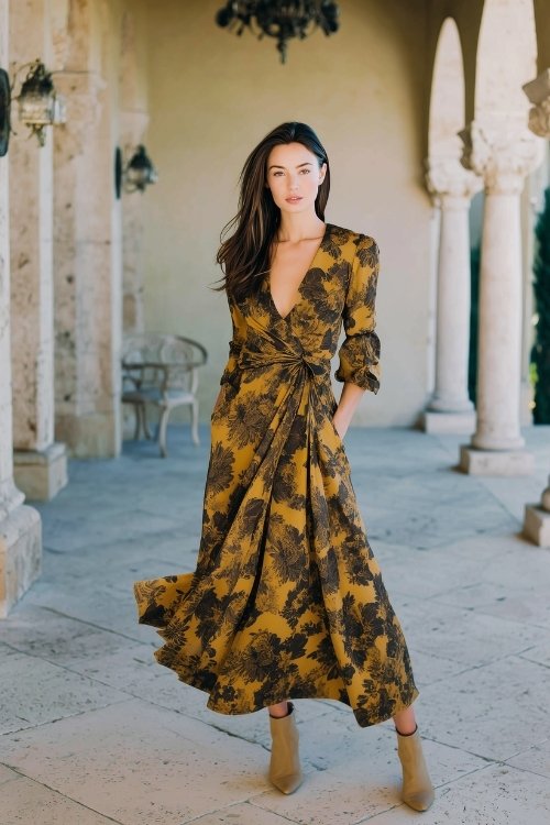 a woman wears a formal yellow and black dress for fall wedding with matching ankle boots