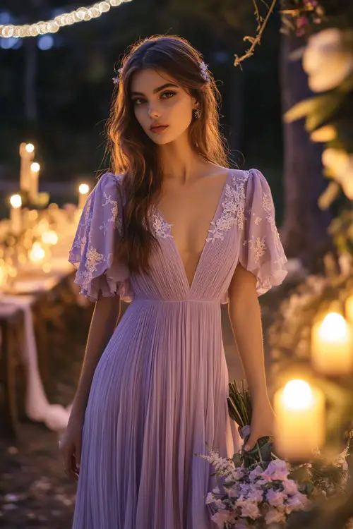 A stylish woman in a pastel lavender pleated maxi dress with flutter sleeves, a V-neckline, and floral lace appliqueÌs