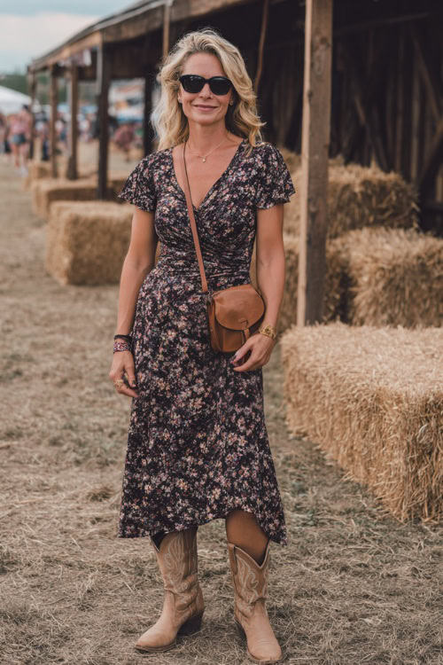 A woman over 40 wearing a floral wrap midi dress with short sleeves, paired with tan cowboy boots and a small leather crossbody bag